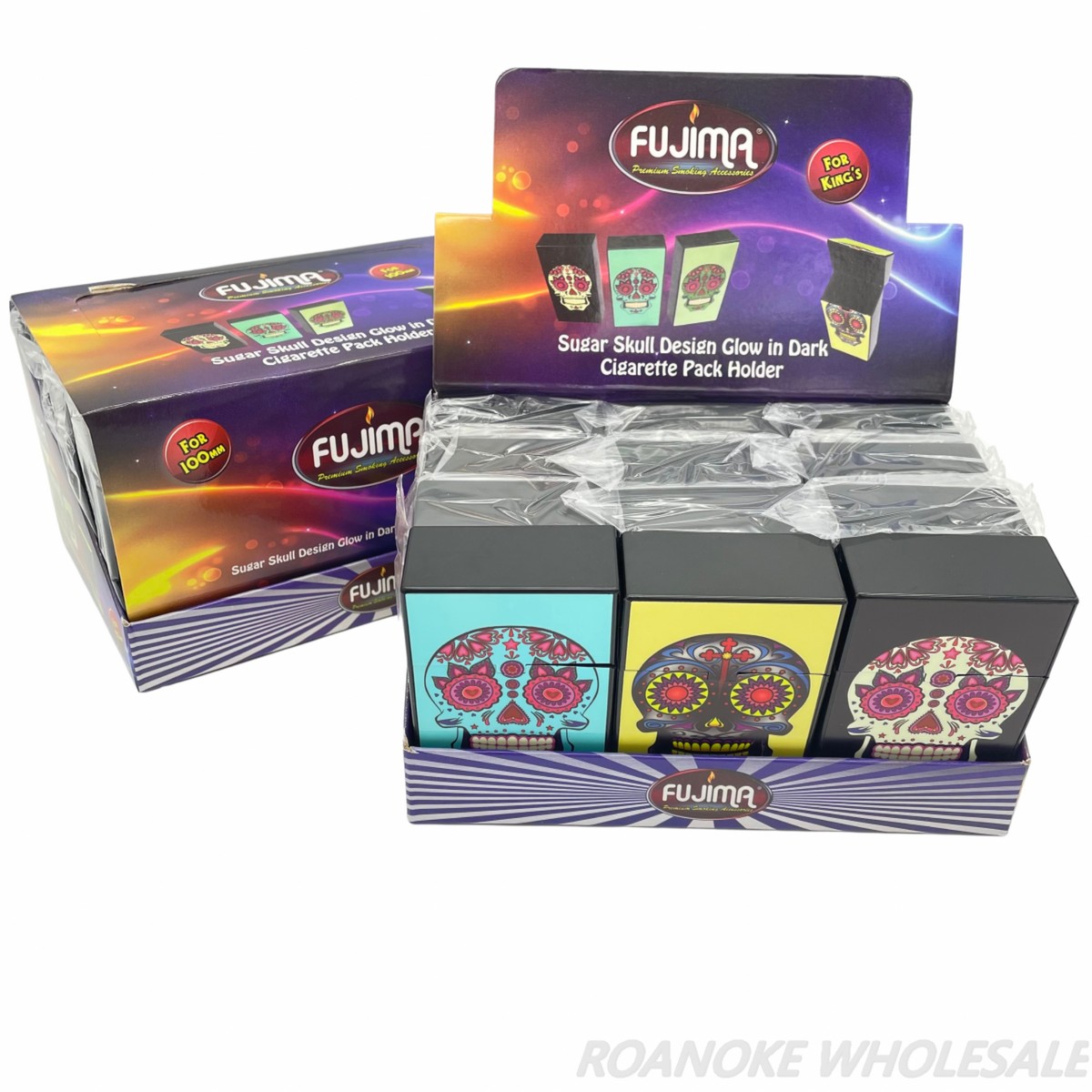 FUJIMA SUGAR SKULL DESIGN GLOW IN DARK CIGARETTE PACK HOLDER 12PCS (CH106/CH107)