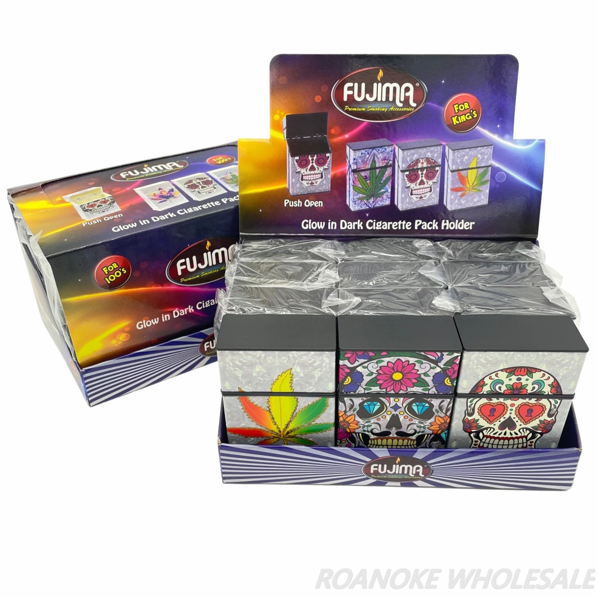 FUJIMA SKULL & LEAF GLOW IN DARK CIGARETTE PACK HOLDER 12PCS (CH140/CH141)