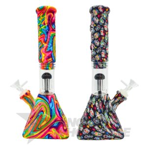 SILICONE & GLASS WATER PIPE 11" SQUARE BASE + TREE PERC