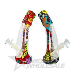 SILICONE & GLASS HYBRID WATER PIPE 9" GRAPHIC BULLHORN